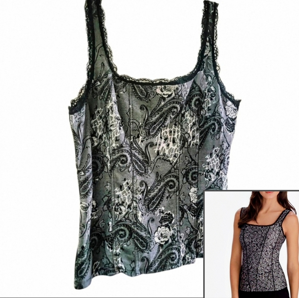 WHBM Lace Trim Faux Boning Fitted Paisley, Rose Print Silver Black Tank Cami Lg